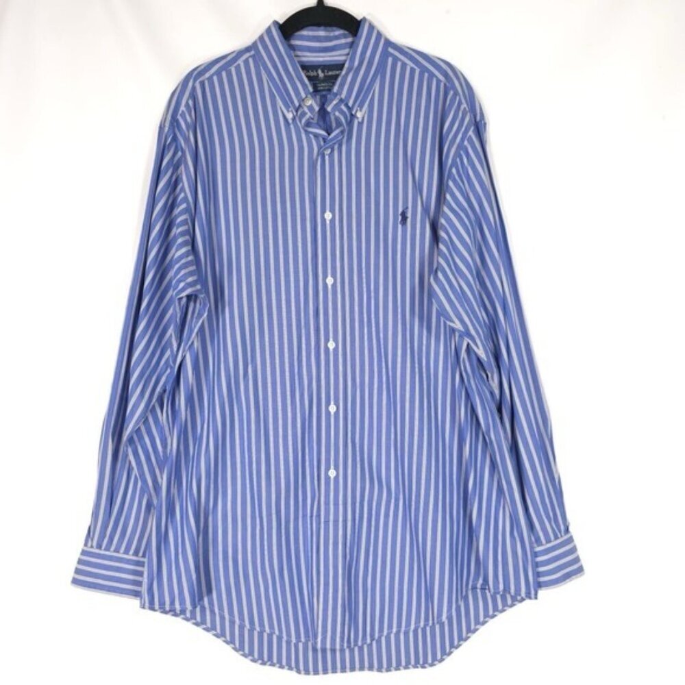 RALPH LAUREN YARMOUTH Shirt Men's Size 16 Striped Blue‎ White Button Down Cotton